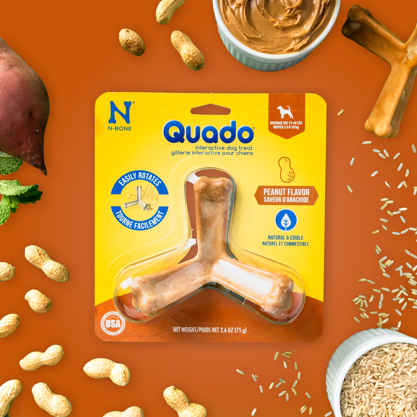 N-Bone® Quado® Interactive Dried Dog Chew Bone, Peanut Flavor - Natural, Edible, 100% Digestible Alternative to Plastic Chew Toys - Made in the USA