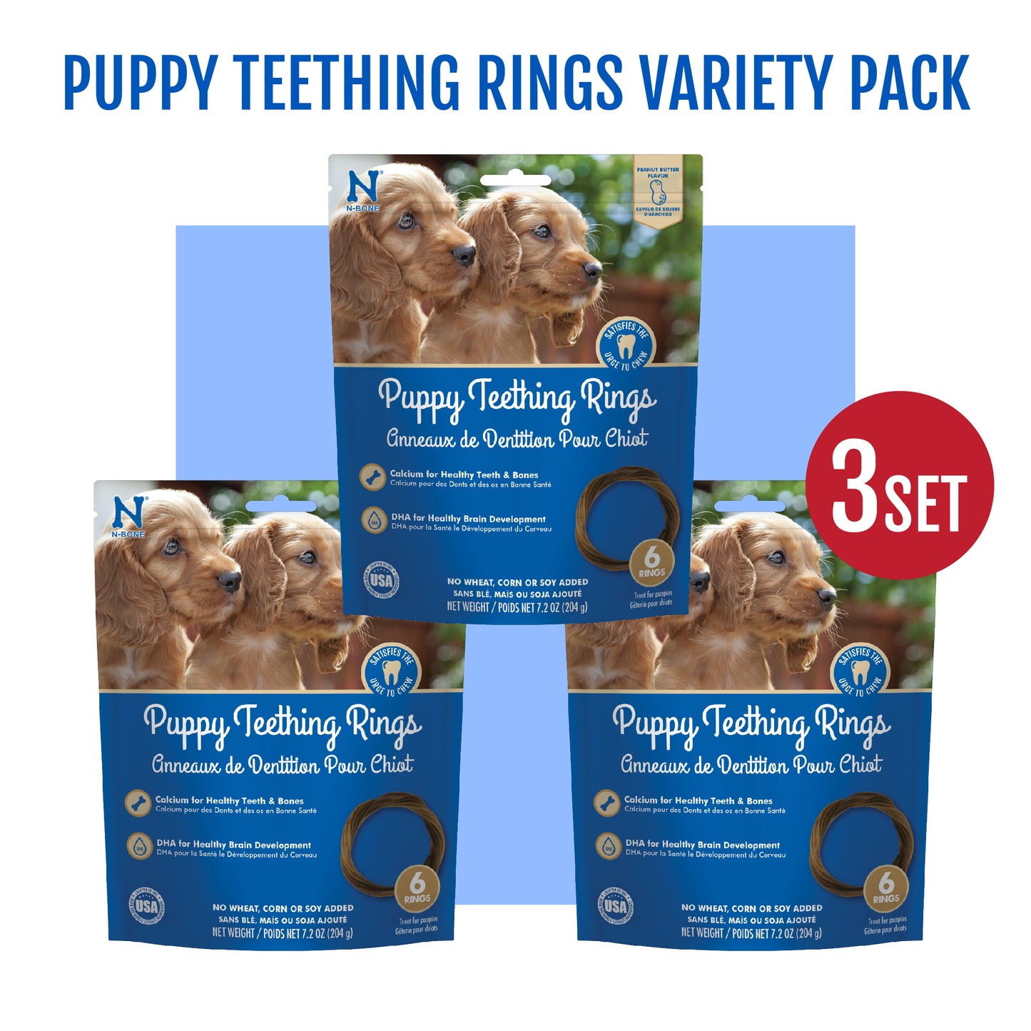 N-Bone® Puppy Teething Rings Peanut Butter Flavor, Dried Chews for Dogs, 6-count Bag x 3, Value Pack - Natural Puppy Chew Toys Alternative for Teething Discomfort - for Dogs of All Sizes