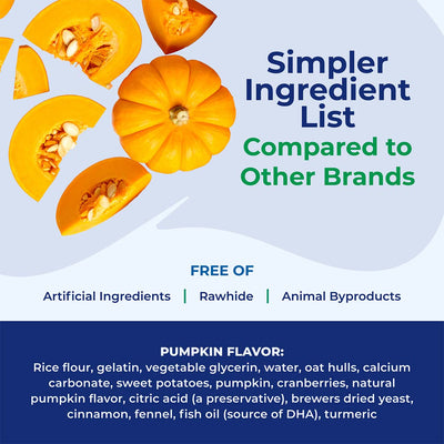 Pumpkin slices with text highlighting ingredient list and benefits on a blue background