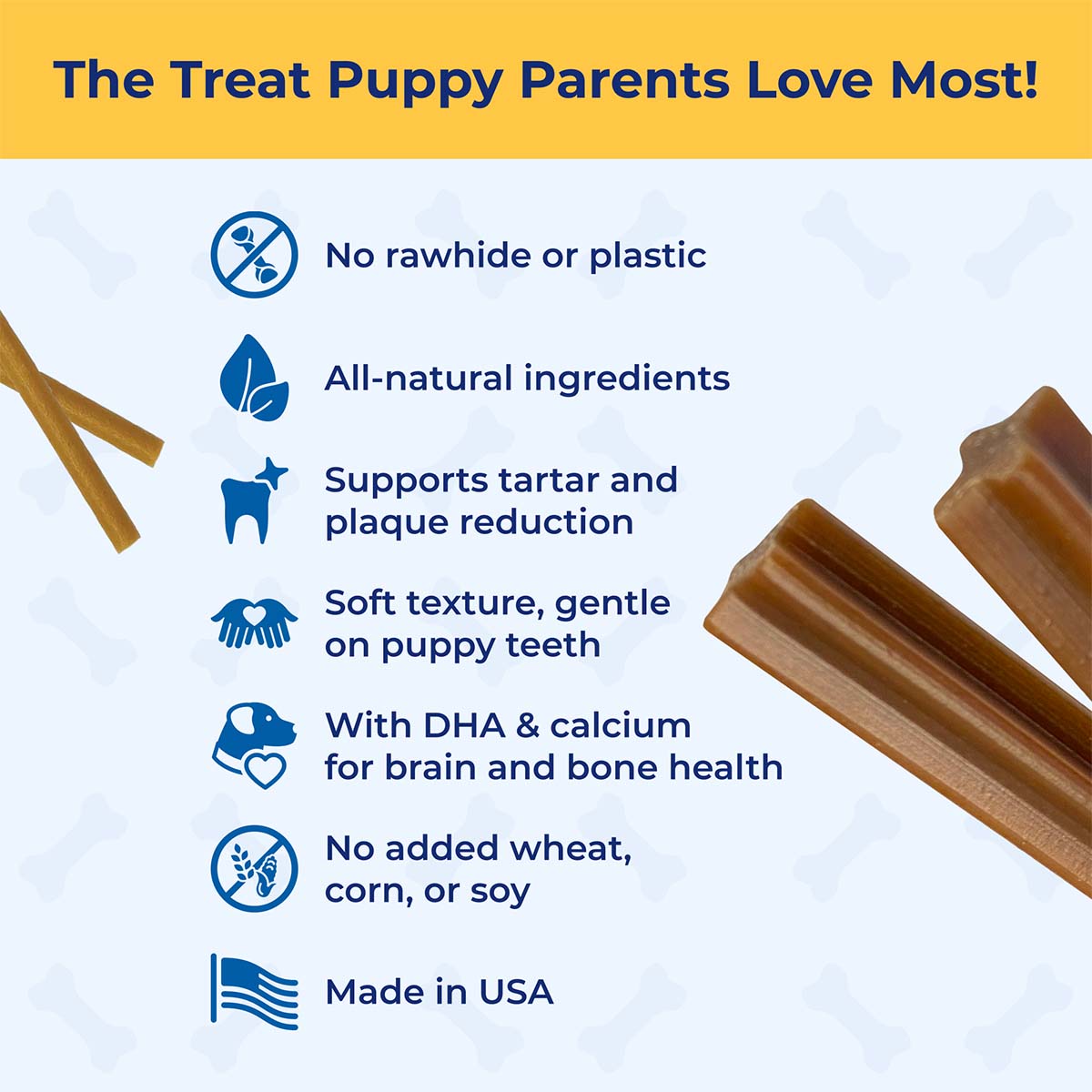 Dog treat packaging with text highlighting features and benefits on a white background.