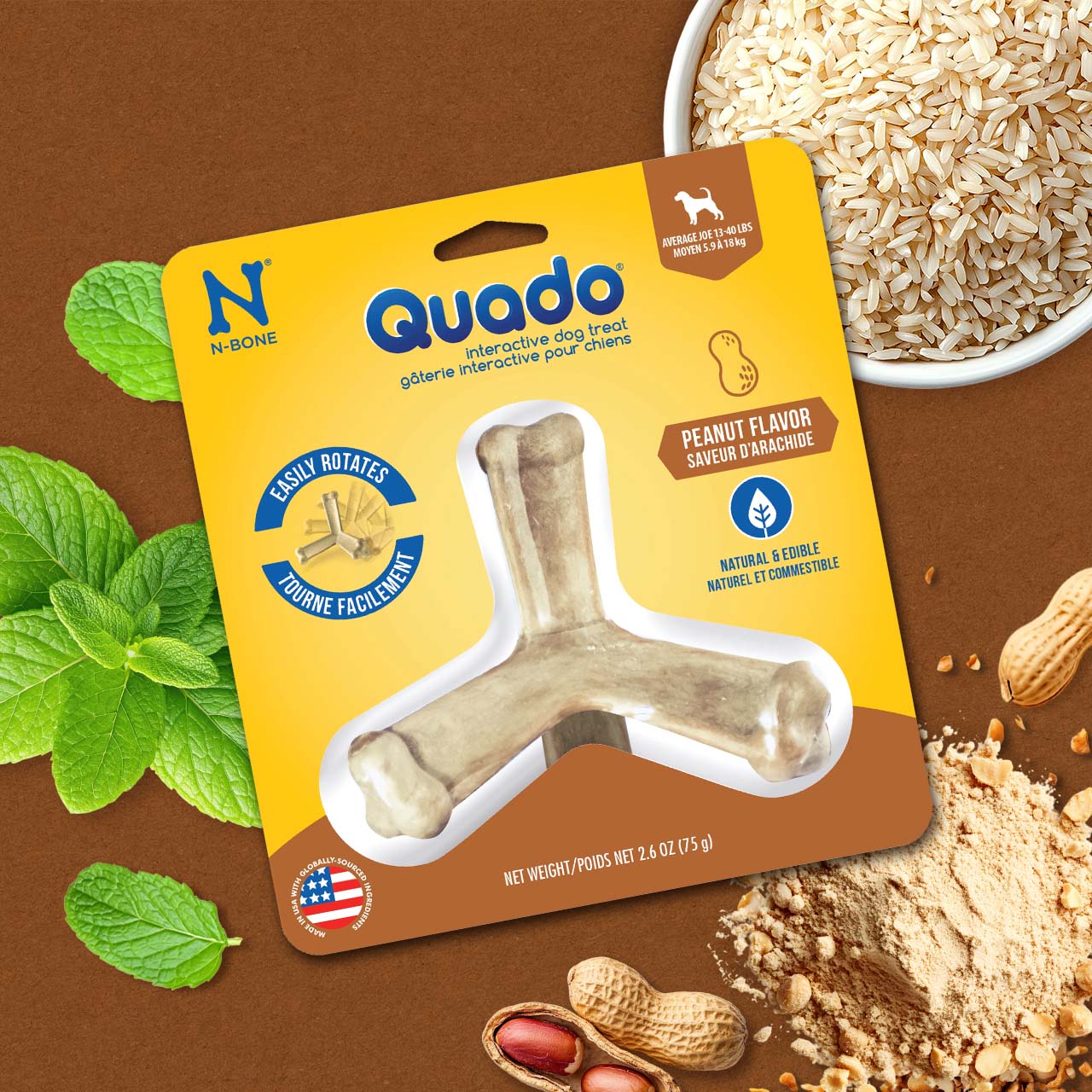 N-Bone® Quado® Interactive Dried Dog Chew Bone, Peanut Flavor - Natural, Edible, 100% Digestible Alternative to Plastic Chew Toys - Made in the USA