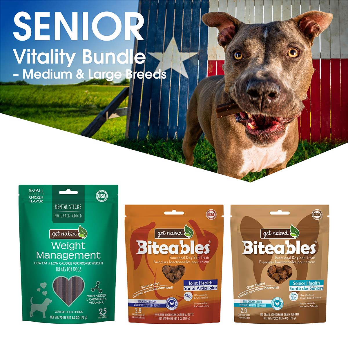 Get Naked® Senior Vitality Bundle – Md/Lg Breeds, Senior Health Functional Dog Soft Treats + Joint Health Functional Dog Soft Treats + Weight Management Dog Dental Chew Sticks
