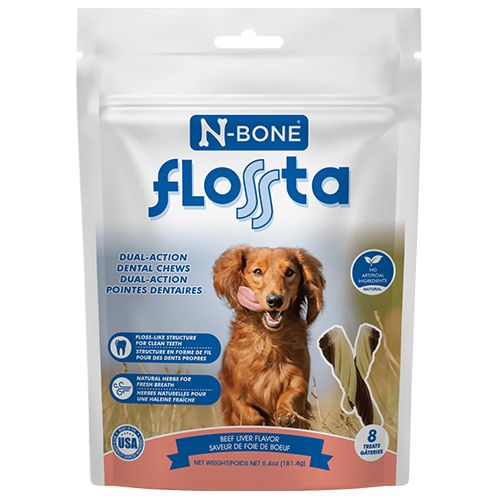 N-Bone Flosta dog chew packaging with a dog on the label