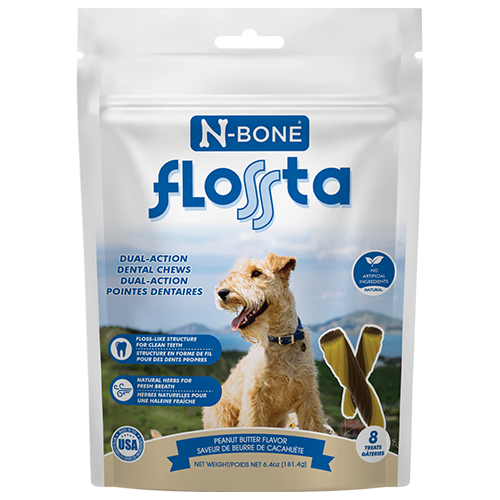 N-Bone Flosta dual-action dental chews packaging with a dog on a white background