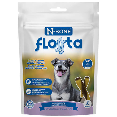 N-Bone Flosta dual-action dental chews packaging with a dog on a white background