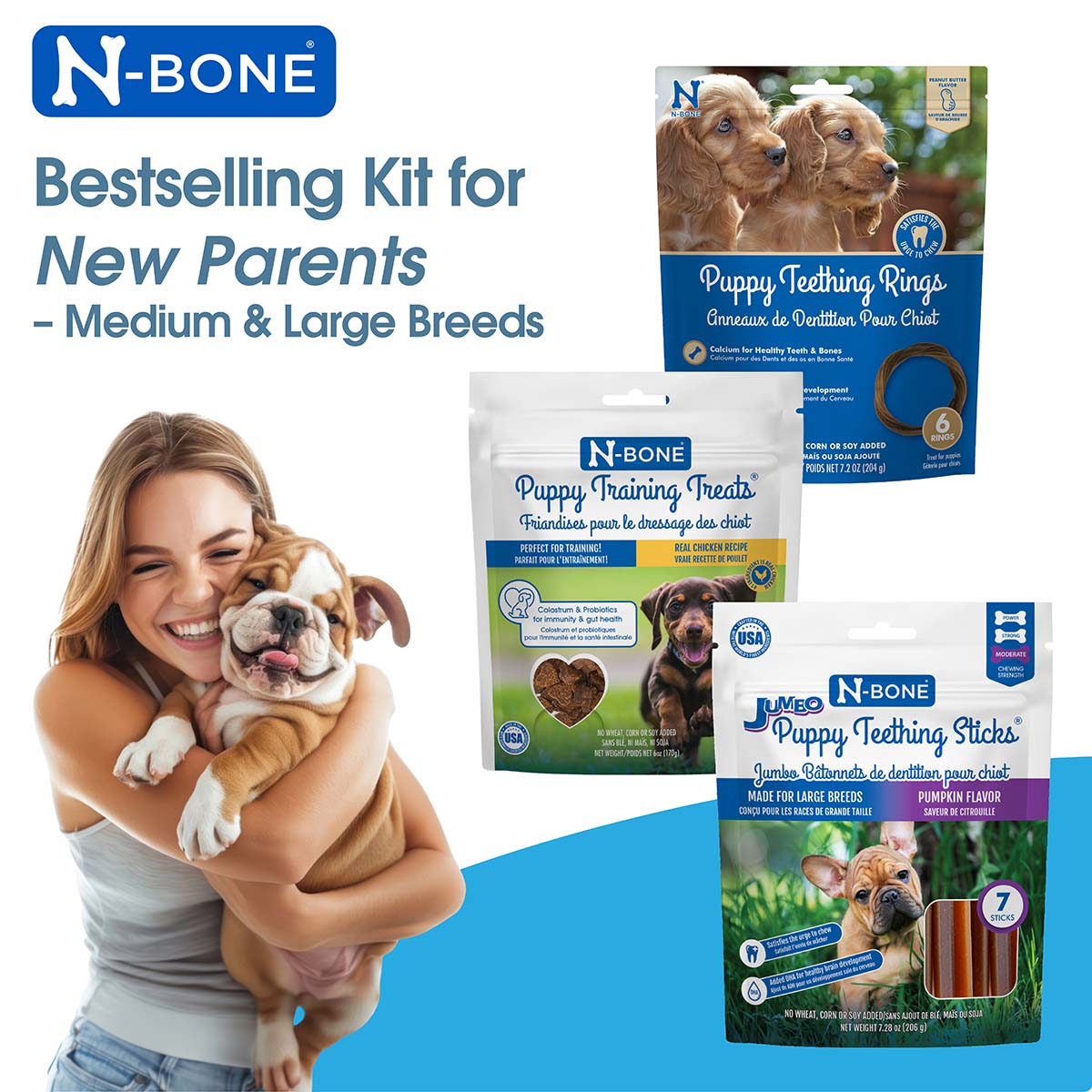 N-Bone puppy care product kit for new parents with a woman holding a dog.