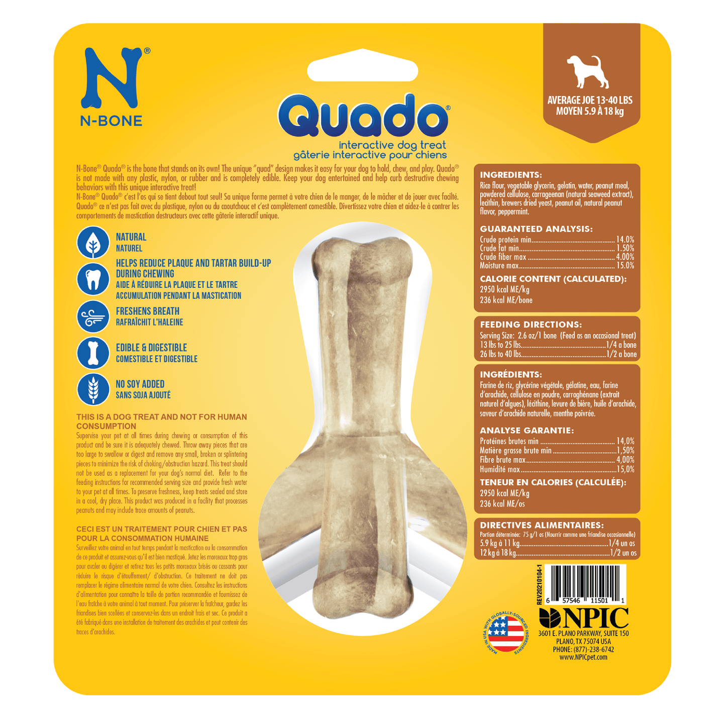 N-Bone® Quado® Interactive Dried Dog Chew Bone, Peanut Flavor - Natural, Edible, 100% Digestible Alternative to Plastic Chew Toys - Made in the USA