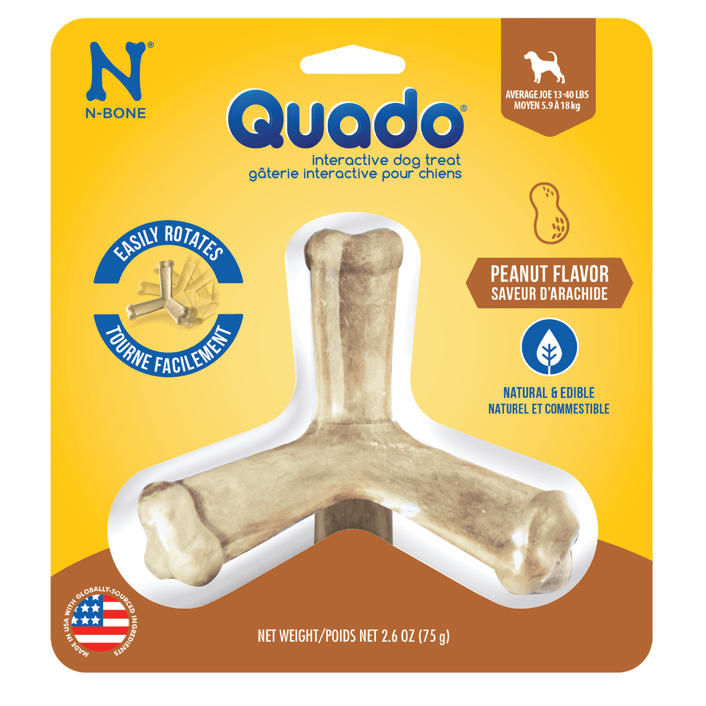 N-Bone® Quado® Interactive Dried Dog Chew Bone, Peanut Flavor - Natural, Edible, 100% Digestible Alternative to Plastic Chew Toys - Made in the USA