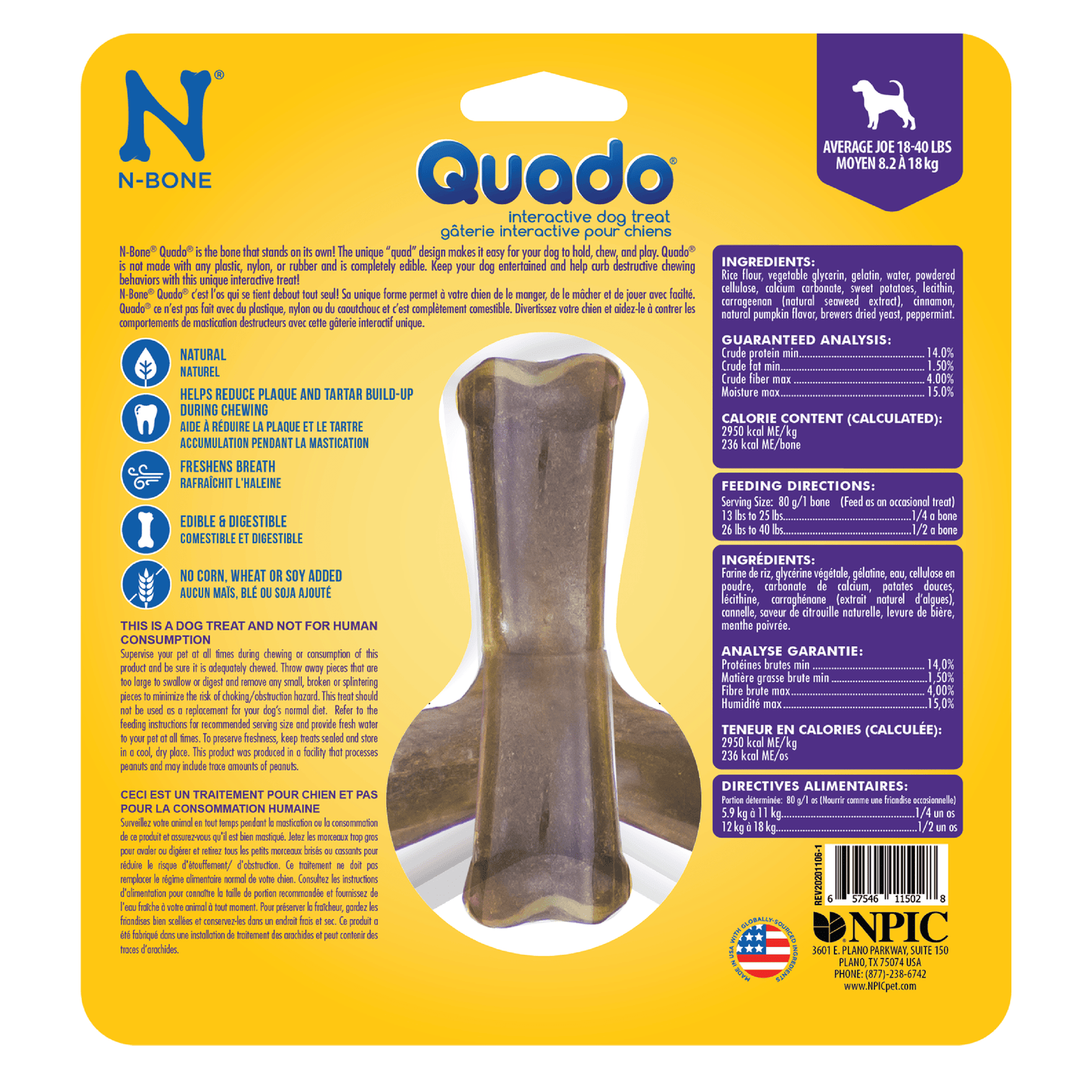 N-Bone® Quado® Interactive Dried Dog Chew Bone, Pumpkin Flavor - Natural, Edible, 100% Digestible Alternative to Plastic Chew Toys - Made in the USA