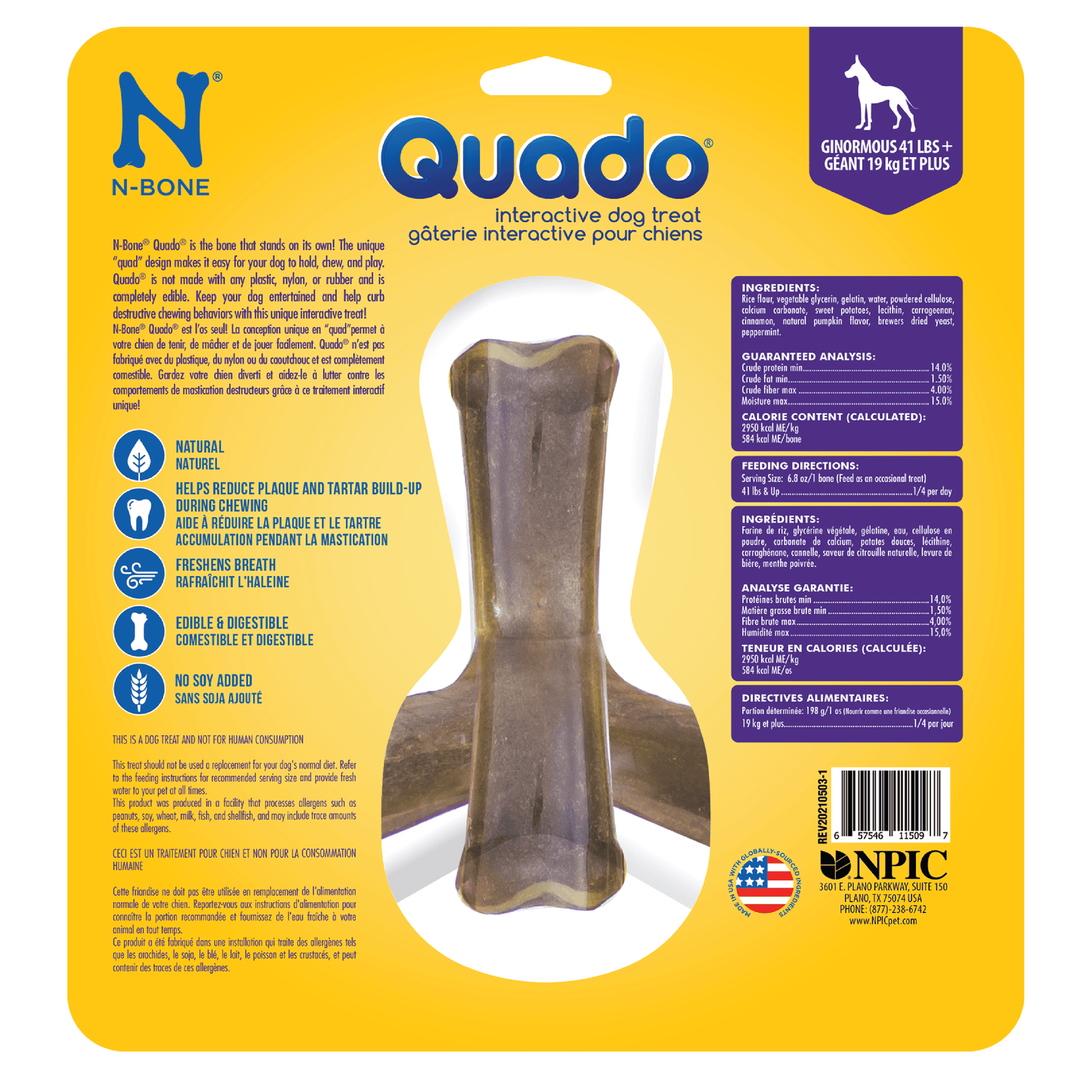 N-Bone® Quado® Interactive Dried Dog Chew Bone, Pumpkin Flavor - Natural, Edible, 100% Digestible Alternative to Plastic Chew Toys - Made in the USA