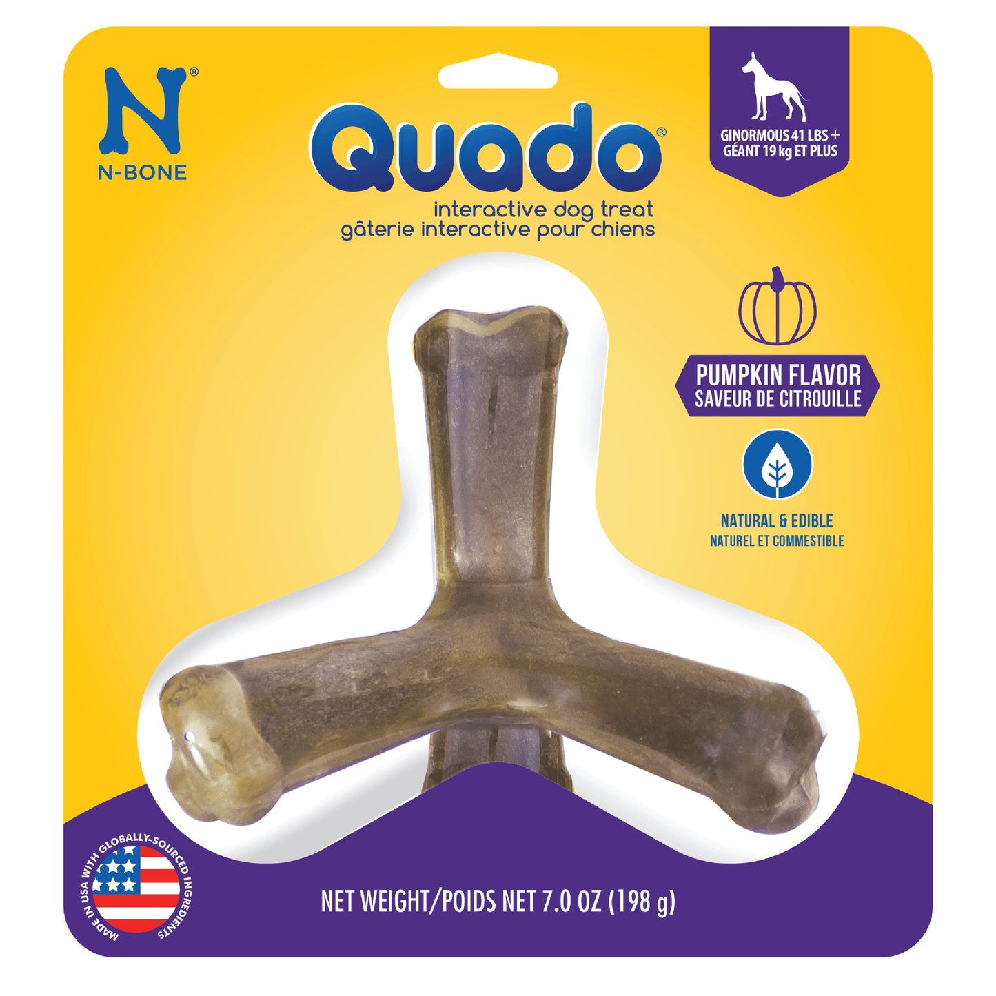 N-Bone® Quado® Interactive Dried Dog Chew Bone, Pumpkin Flavor - Natural, Edible, 100% Digestible Alternative to Plastic Chew Toys - Made in the USA
