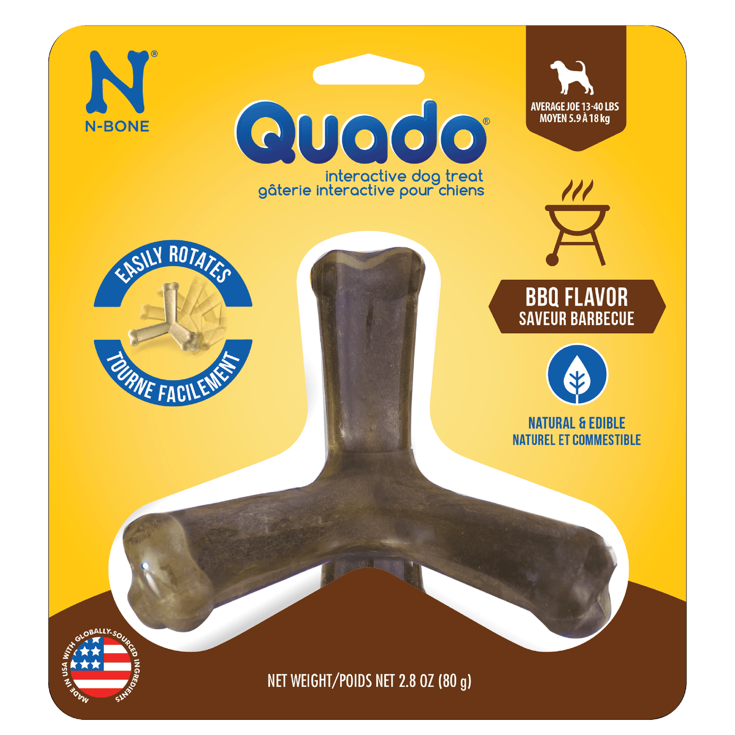 N-Bone® Quado® Interactive Dried Dog Chew Bone, BBQ Flavor - Natural, Edible, 100% Digestible Alternative to Plastic Chew Toys - Made in the USA