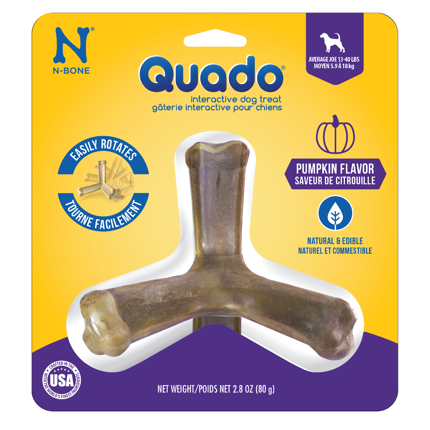 N-Bone® Quado® Interactive Dried Dog Chew Bone, Pumpkin Flavor - Natural, Edible, 100% Digestible Alternative to Plastic Chew Toys - Made in the USA