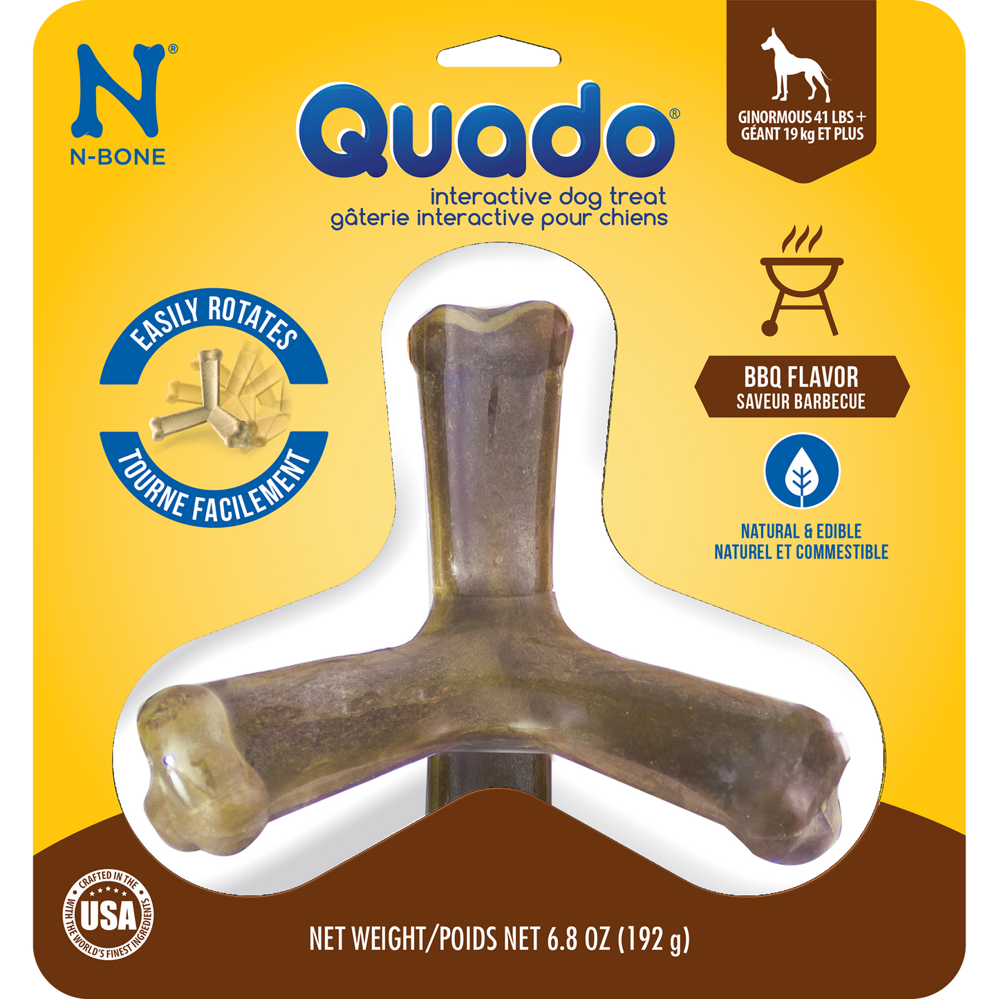 N-Bone® Quado® Interactive Dried Dog Chew Bone, BBQ Flavor - Natural, Edible, 100% Digestible Alternative to Plastic Chew Toys - Made in the USA