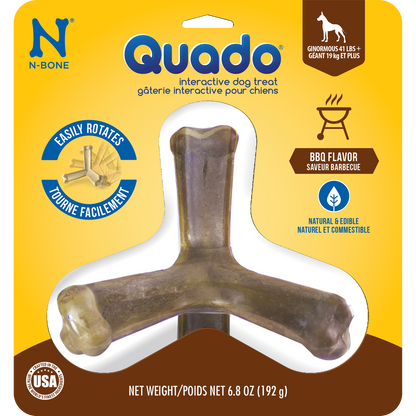 N-Bone® Quado® Interactive Dried Dog Chew Bone, BBQ Flavor - Natural, Edible, 100% Digestible Alternative to Plastic Chew Toys - Made in the USA