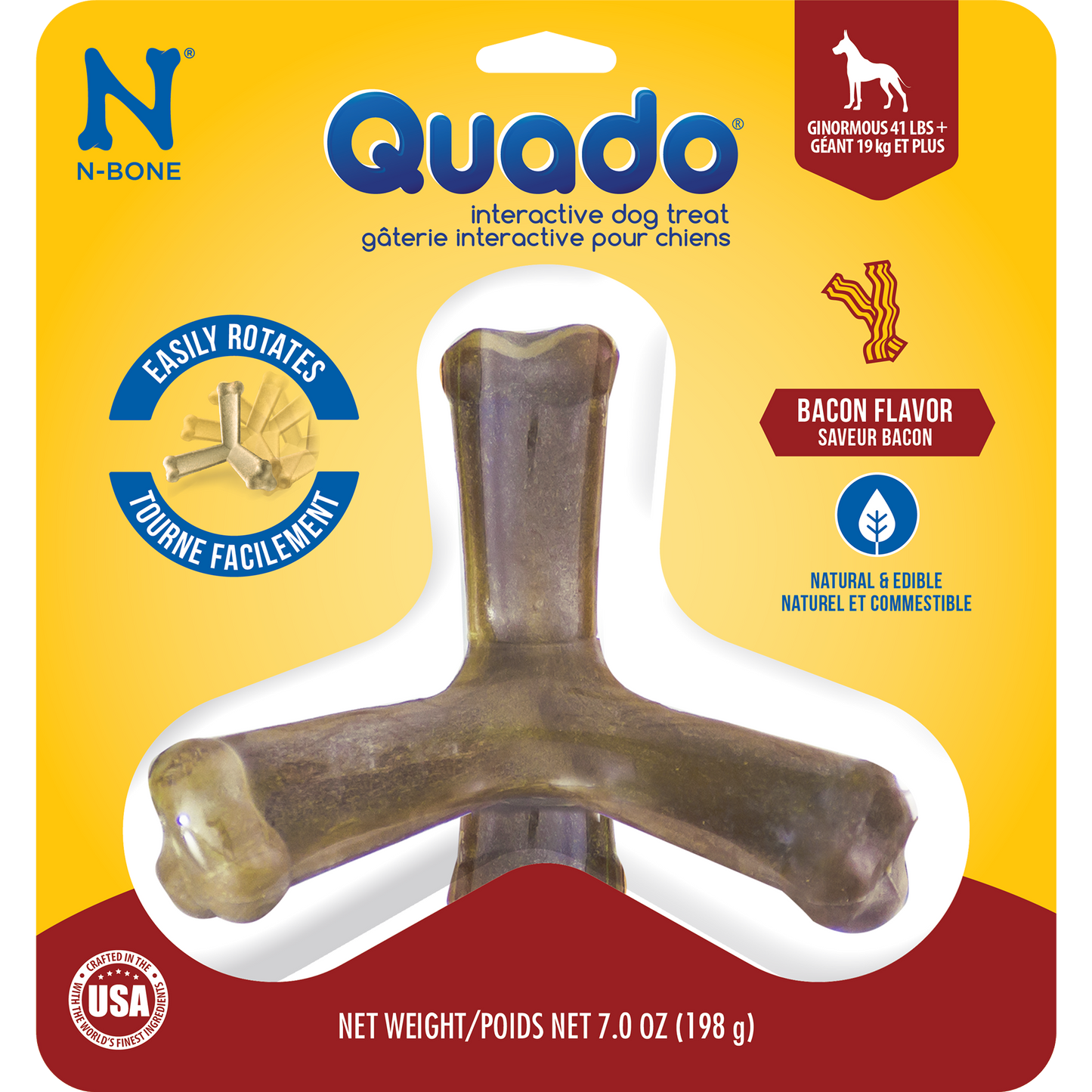 N-Bone® Quado® Interactive Dried Dog Chew Bone, Bacon Flavor - Natural, Edible, 100% Digestible Alternative to Plastic Chew Toys - Made in the USA