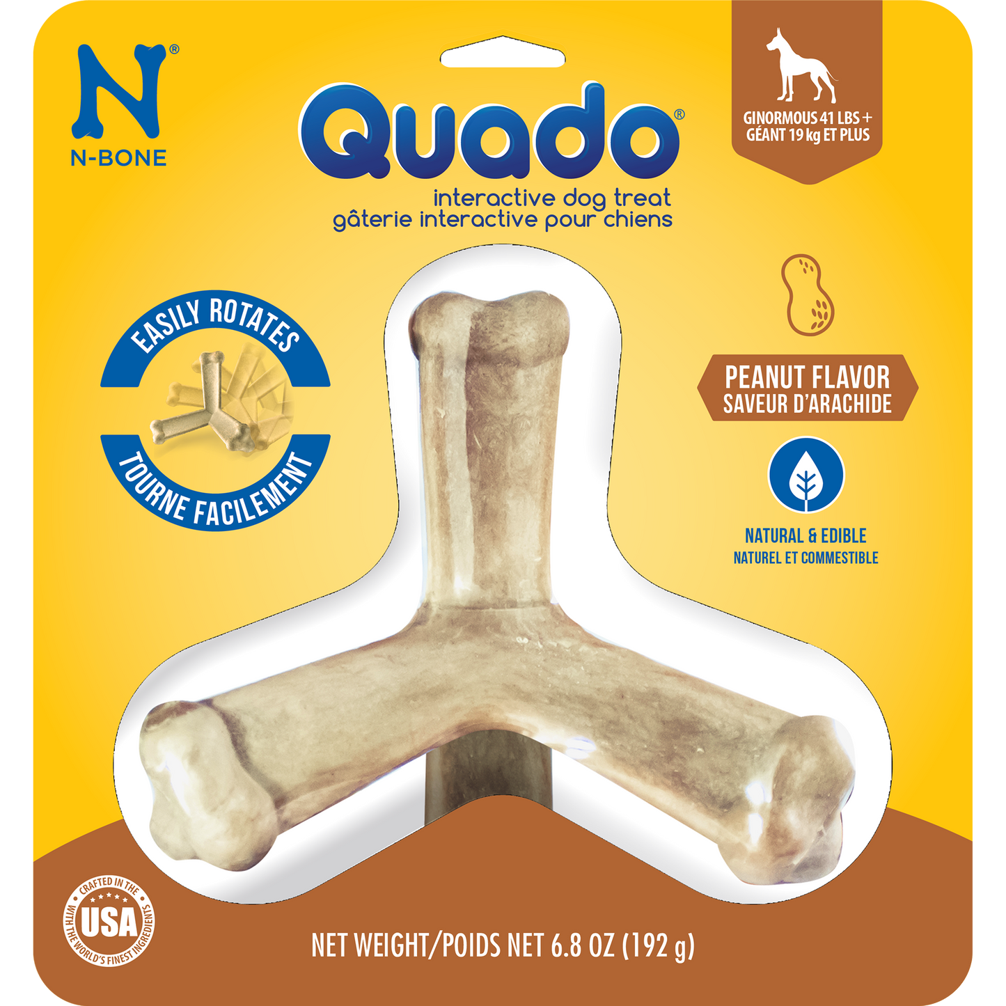 N-Bone® Quado® Interactive Dried Dog Chew Bone, Peanut Flavor - Natural, Edible, 100% Digestible Alternative to Plastic Chew Toys - Made in the USA