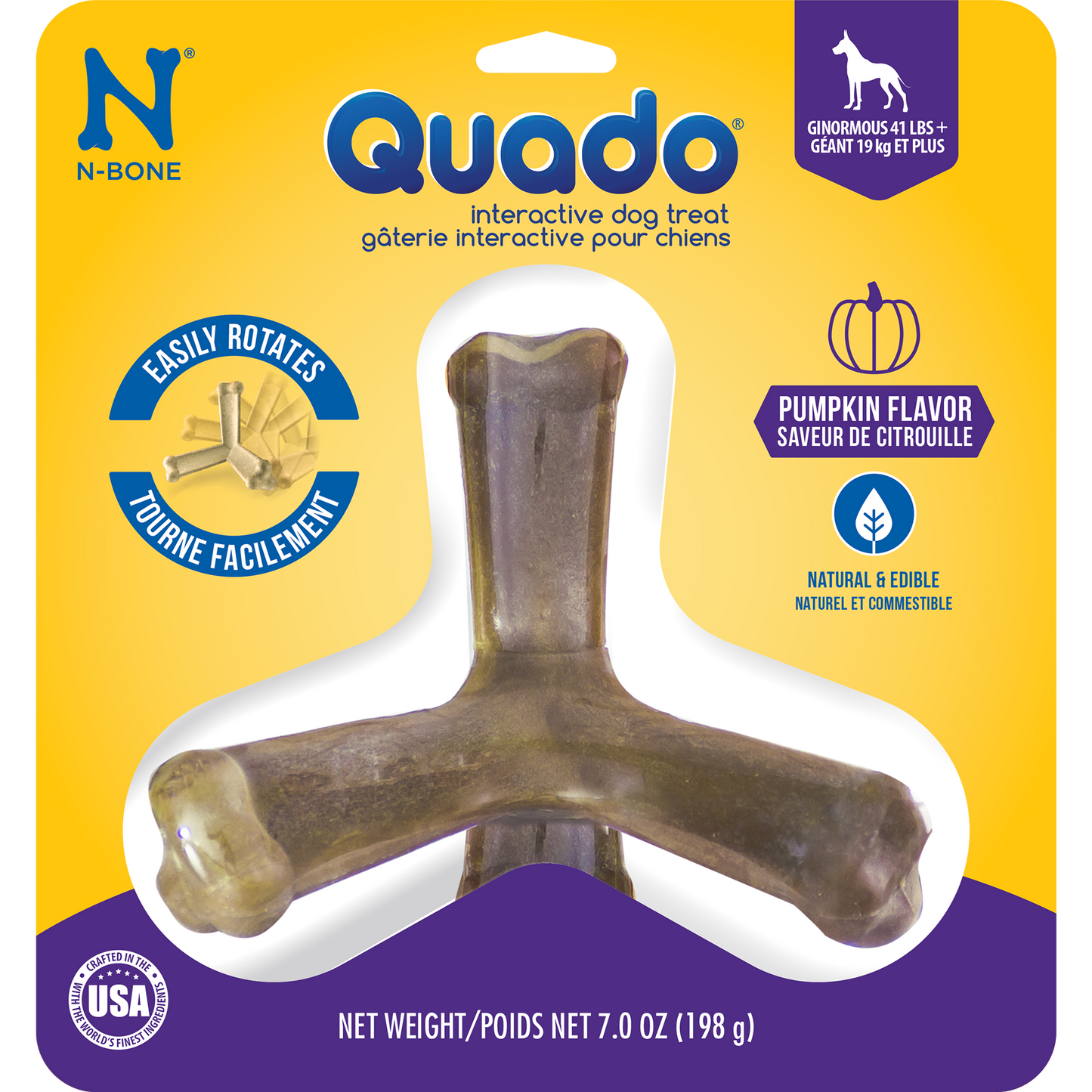 N-Bone® Quado® Interactive Dried Dog Chew Bone, Pumpkin Flavor - Natural, Edible, 100% Digestible Alternative to Plastic Chew Toys - Made in the USA