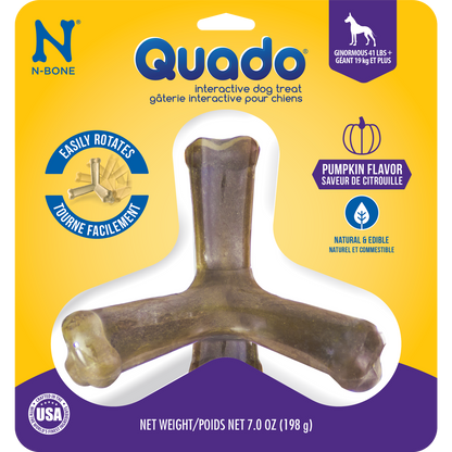 N-Bone® Quado® Interactive Dried Dog Chew Bone, Pumpkin Flavor - Natural, Edible, 100% Digestible Alternative to Plastic Chew Toys - Made in the USA