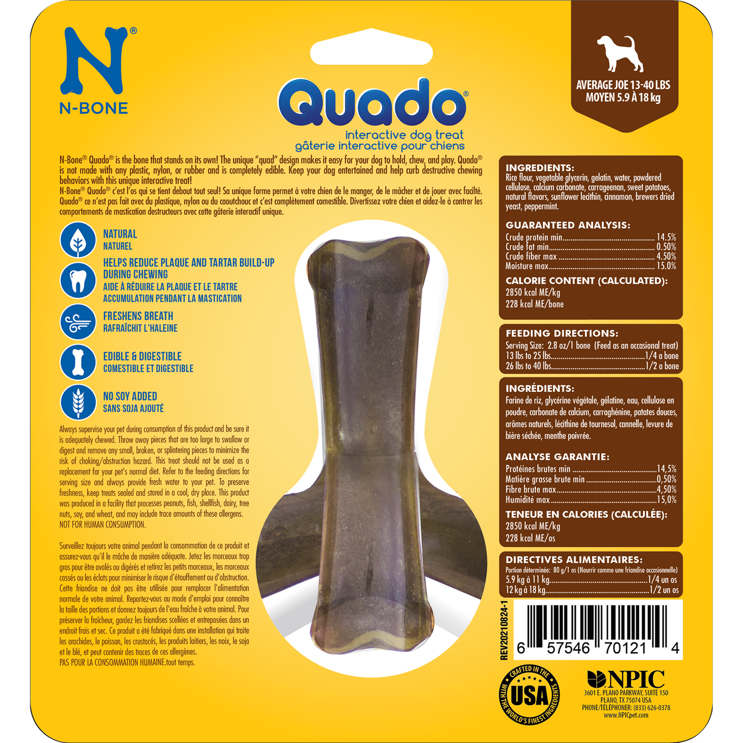 N-Bone® Quado® Interactive Dried Dog Chew Bone, BBQ Flavor - Natural, Edible, 100% Digestible Alternative to Plastic Chew Toys - Made in the USA