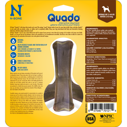 N-Bone® Quado® Interactive Dried Dog Chew Bone, BBQ Flavor - Natural, Edible, 100% Digestible Alternative to Plastic Chew Toys - Made in the USA
