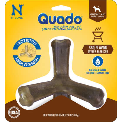 N-Bone® Quado® Interactive Dried Dog Chew Bone, BBQ Flavor - Natural, Edible, 100% Digestible Alternative to Plastic Chew Toys - Made in the USA