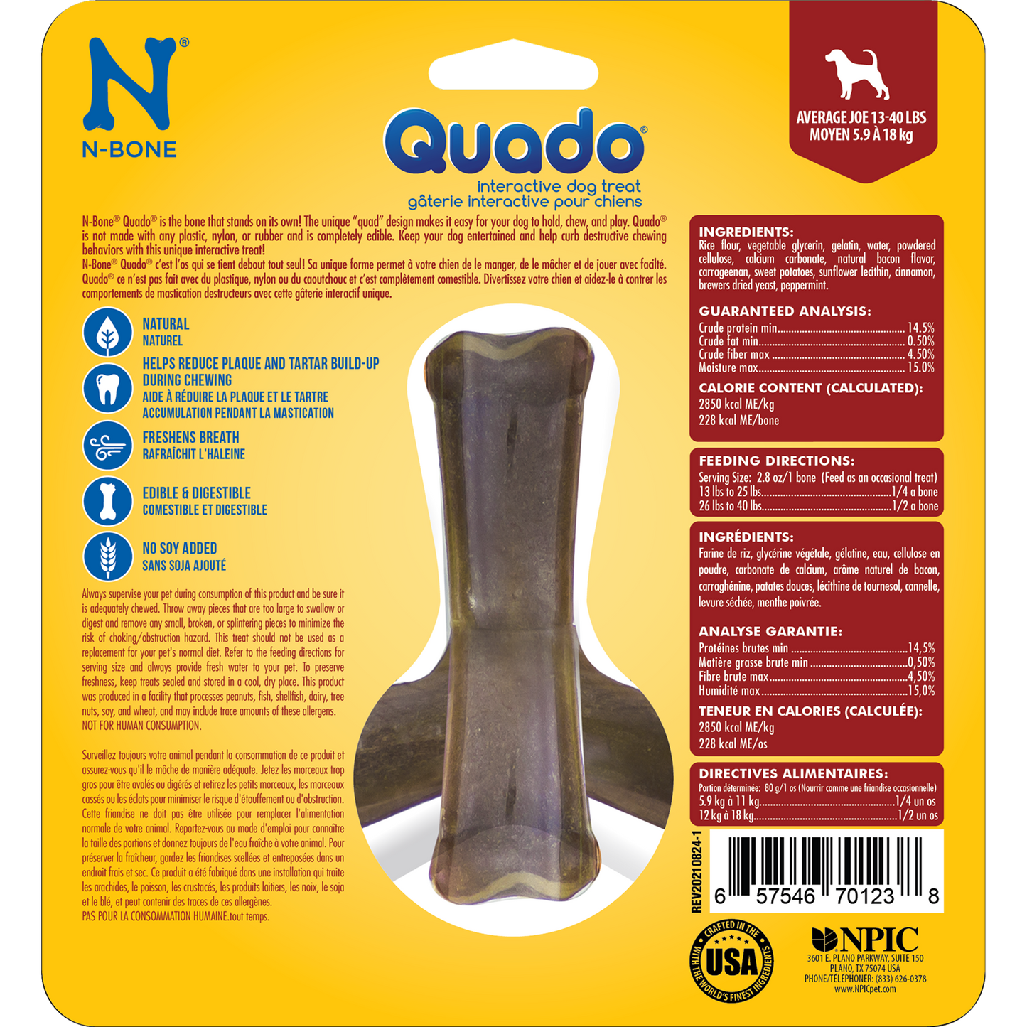 N-Bone® Quado® Interactive Dried Dog Chew Bone, Bacon Flavor - Natural, Edible, 100% Digestible Alternative to Plastic Chew Toys - Made in the USA