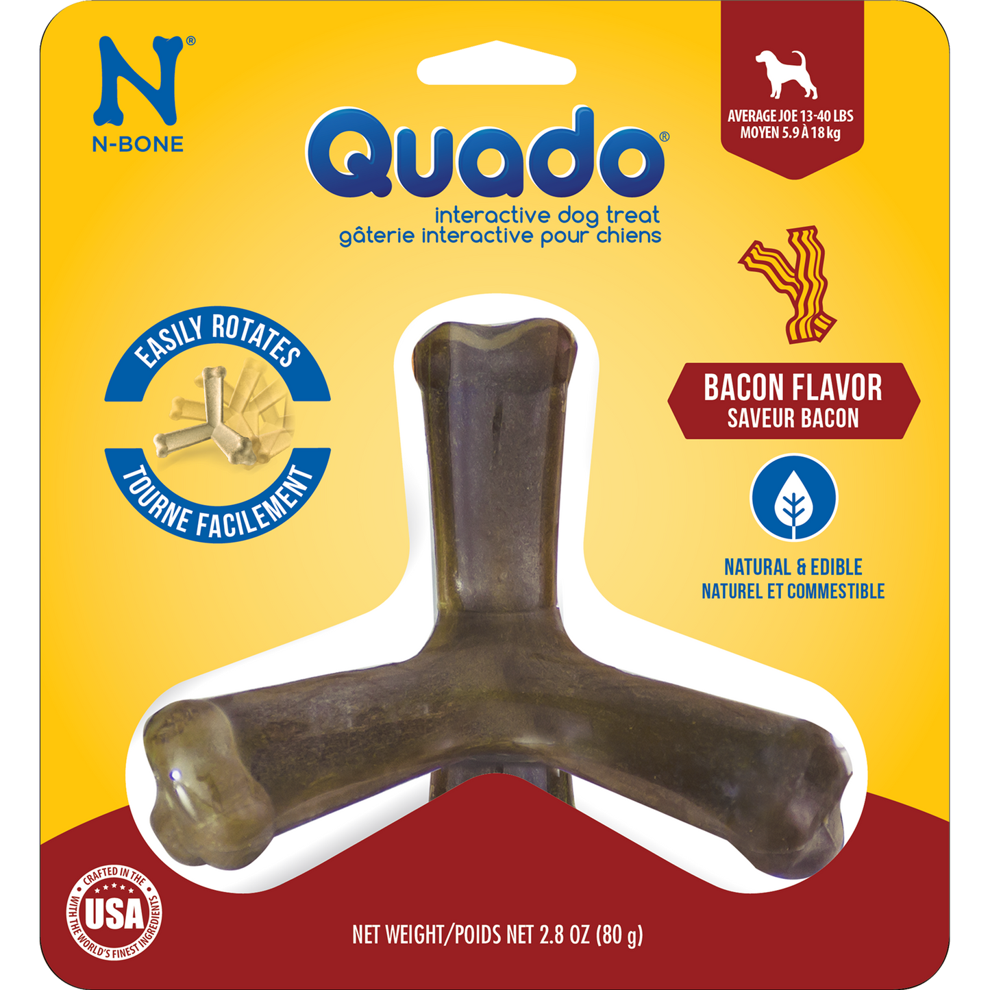 N-Bone® Quado® Interactive Dried Dog Chew Bone, Bacon Flavor - Natural, Edible, 100% Digestible Alternative to Plastic Chew Toys - Made in the USA