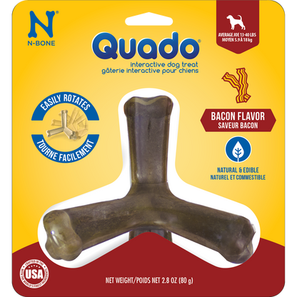 N-Bone® Quado® Interactive Dried Dog Chew Bone, Bacon Flavor - Natural, Edible, 100% Digestible Alternative to Plastic Chew Toys - Made in the USA