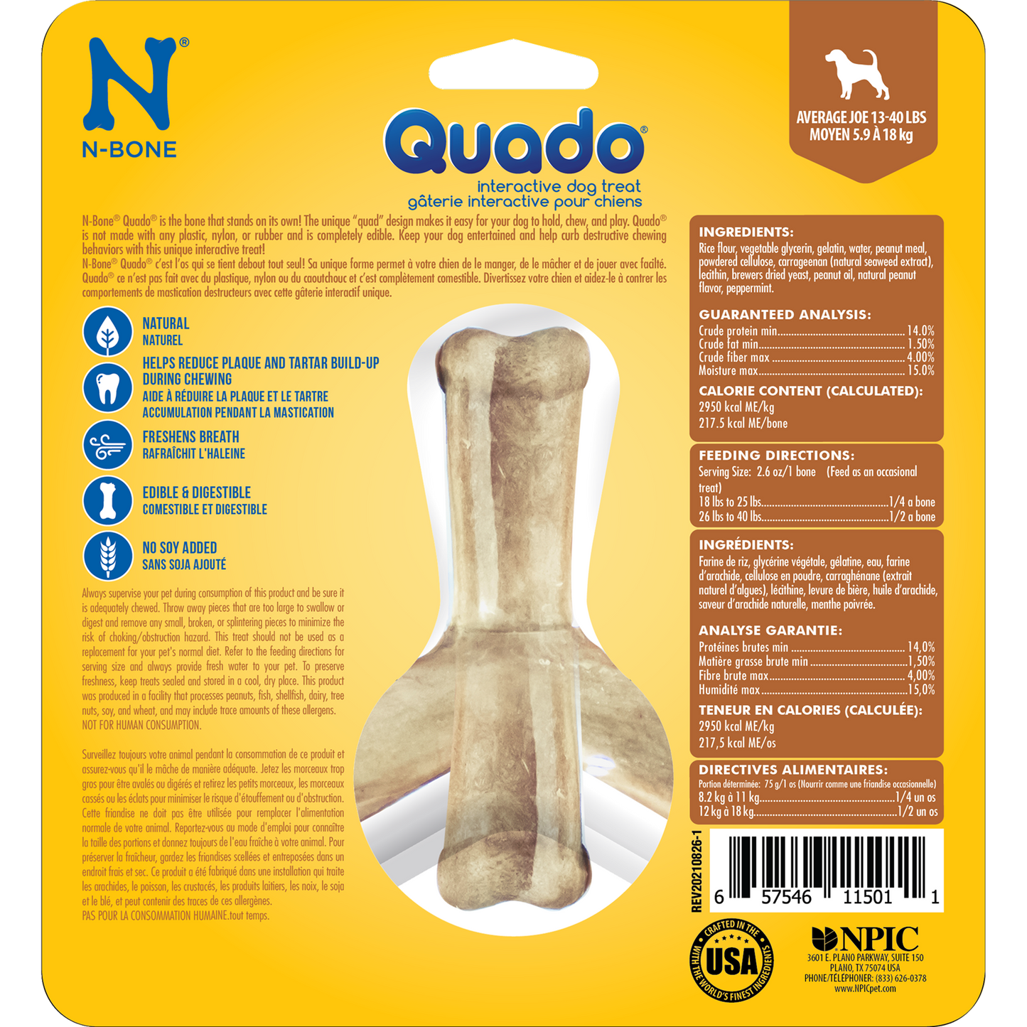 N-Bone® Quado® Interactive Dried Dog Chew Bone, Peanut Flavor - Natural, Edible, 100% Digestible Alternative to Plastic Chew Toys - Made in the USA