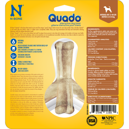 N-Bone® Quado® Interactive Dried Dog Chew Bone, Peanut Flavor - Natural, Edible, 100% Digestible Alternative to Plastic Chew Toys - Made in the USA