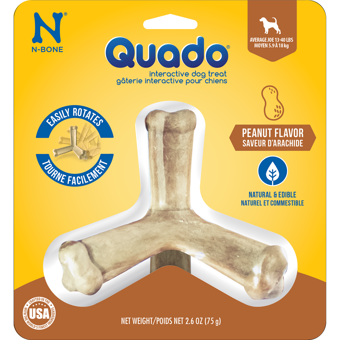 N-Bone® Quado® Interactive Dried Dog Chew Bone, Peanut Flavor - Natural, Edible, 100% Digestible Alternative to Plastic Chew Toys - Made in the USA
