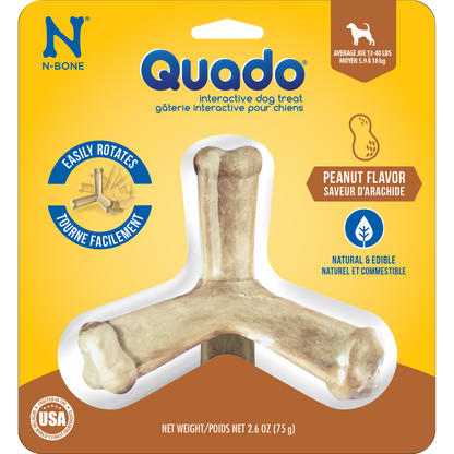 N-Bone® Quado® Interactive Dried Dog Chew Bone, Peanut Flavor - Natural, Edible, 100% Digestible Alternative to Plastic Chew Toys - Made in the USA