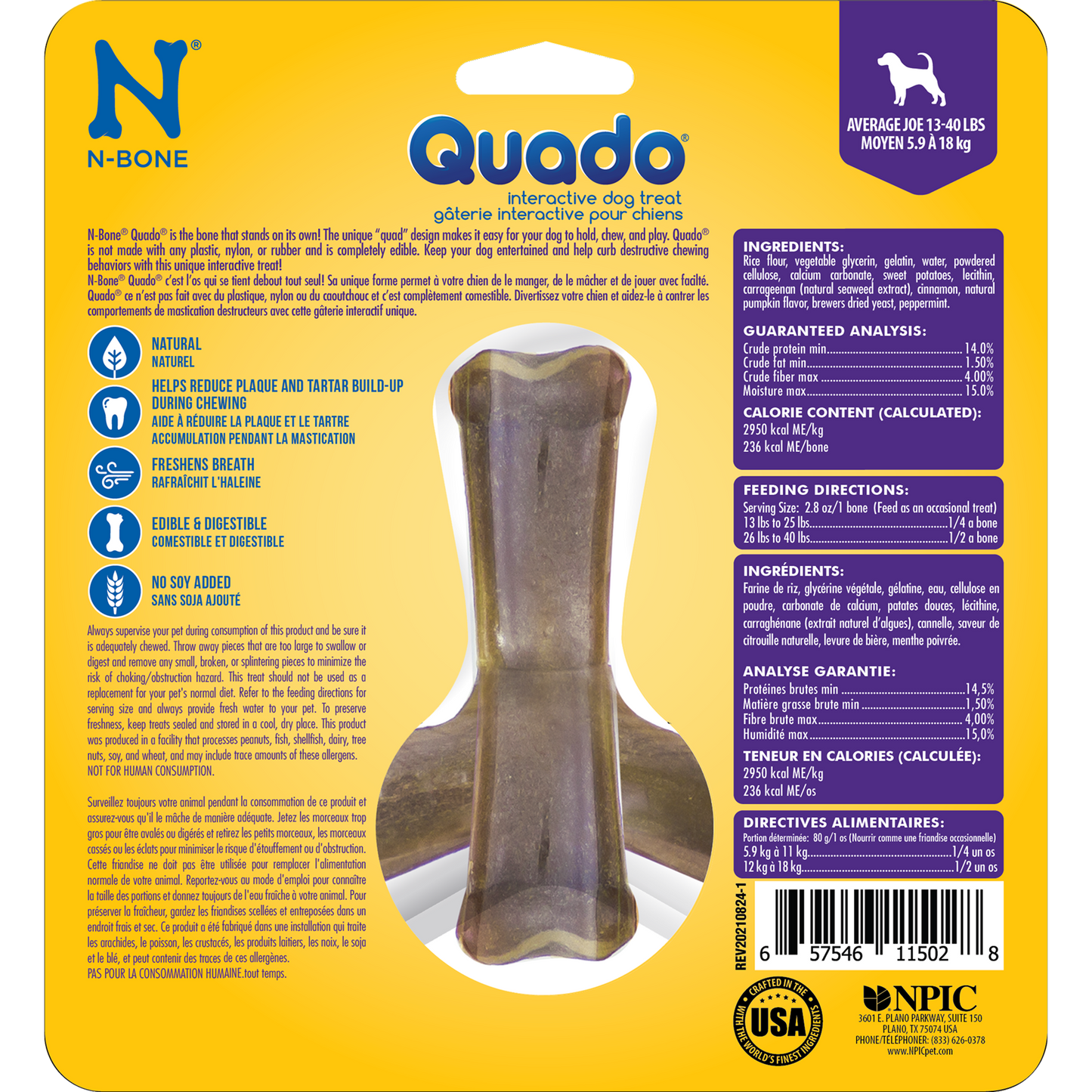 N-Bone® Quado® Interactive Dried Dog Chew Bone, Pumpkin Flavor - Natural, Edible, 100% Digestible Alternative to Plastic Chew Toys - Made in the USA