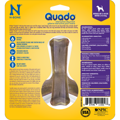 N-Bone® Quado® Interactive Dried Dog Chew Bone, Pumpkin Flavor - Natural, Edible, 100% Digestible Alternative to Plastic Chew Toys - Made in the USA