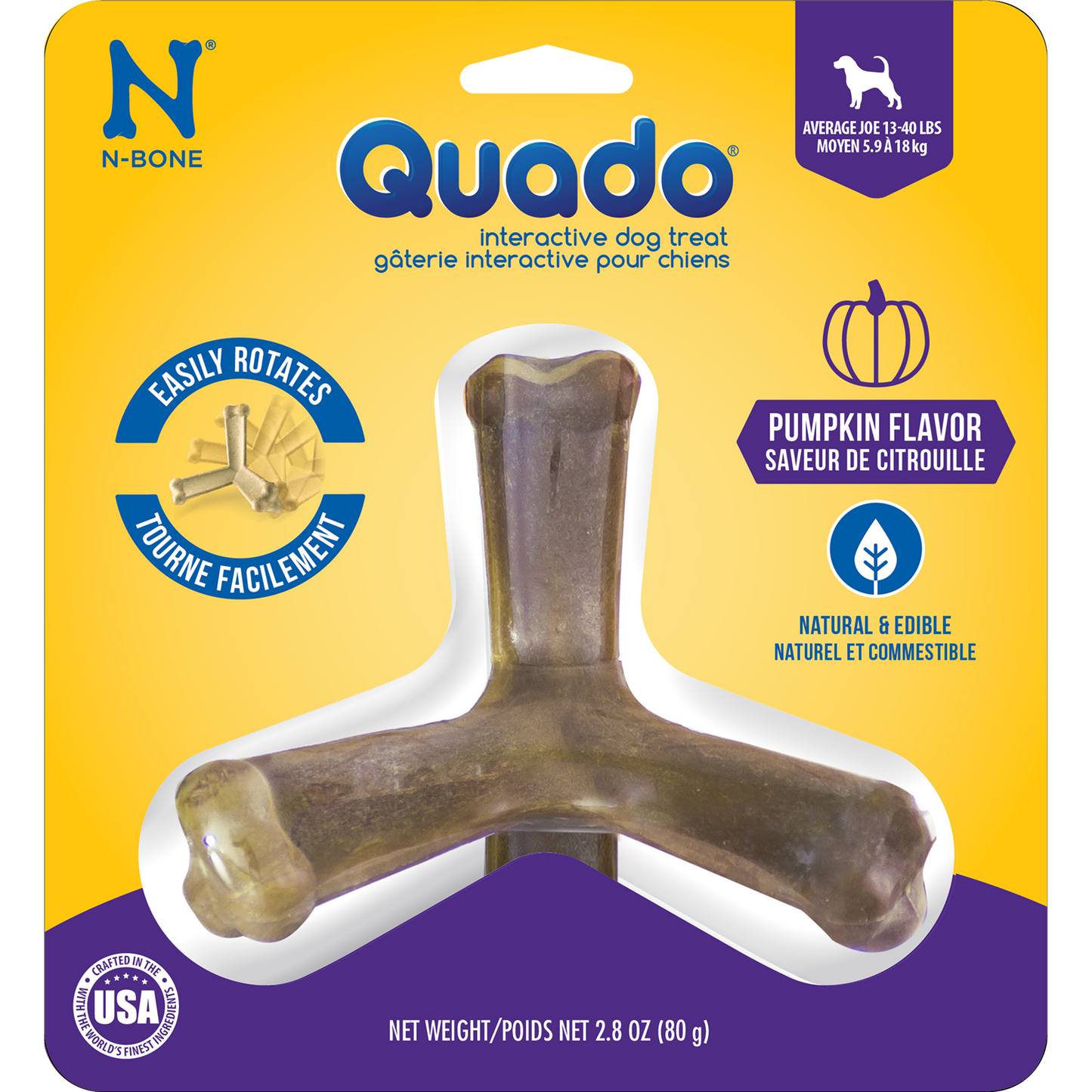N-Bone® Quado® Interactive Dried Dog Chew Bone, Pumpkin Flavor - Natural, Edible, 100% Digestible Alternative to Plastic Chew Toys - Made in the USA