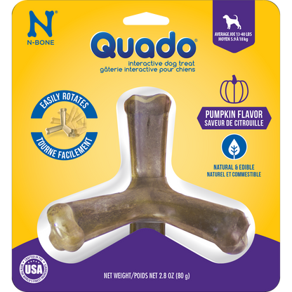 N-Bone® Quado® Interactive Dried Dog Chew Bone, Pumpkin Flavor - Natural, Edible, 100% Digestible Alternative to Plastic Chew Toys - Made in the USA