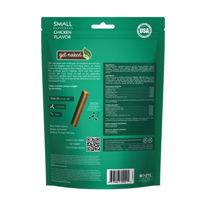 Green package of 'get naked' dog treats with text and a barcode on a white background