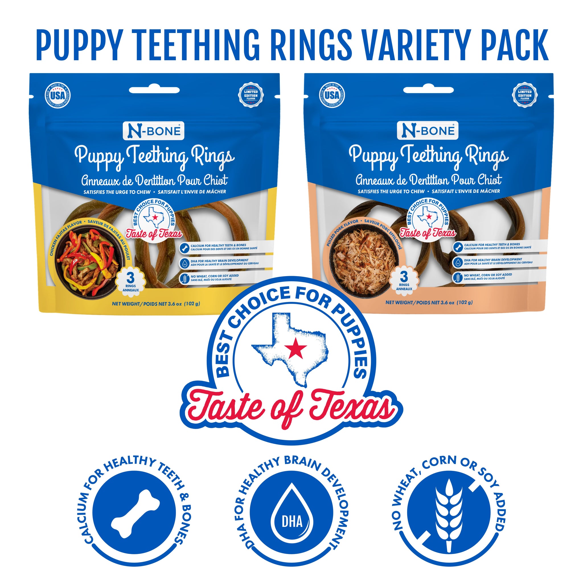 N-Bone® Puppy Teething Rings Chicken Fajitas & Queso con Carne Flavor, Dried Chews for Dogs, 3-count Bag x 2, Variety Pack - Natural Puppy Chew Toys Alternative for Teething Discomfort - for Dogs of All Sizes
