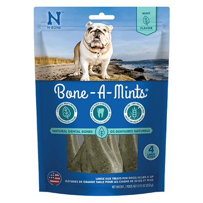 N-Bone Bone-A-Mints dog treat package with a dog on a beach