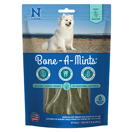 N-Bone Bone-A-Mints packaging with a white dog on a beach, featuring mint flavor.