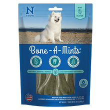 N-Bone Bone-A-Mints packaging with a white dog on a beach, featuring mint flavor.