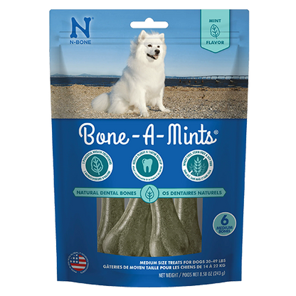 N-Bone Bone-A-Mints packaging with a white dog on a beach, featuring mint flavor.