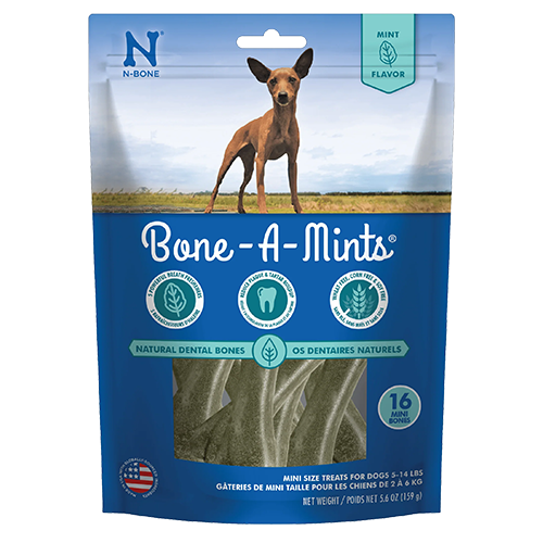 N-Bone Bone-A-Mints packaging for dogs with a dog on the label.
