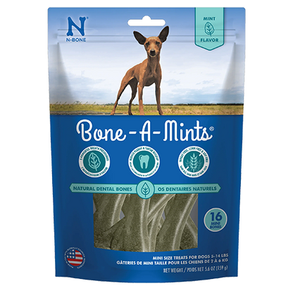 N-Bone Bone-A-Mints packaging for dogs with a dog on the label.