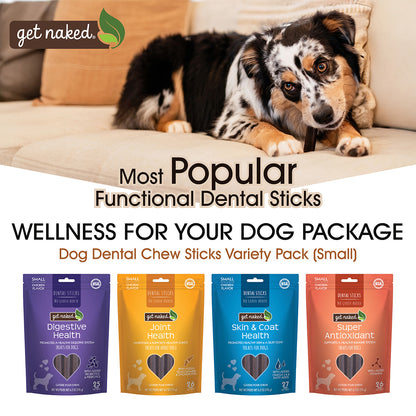 Dog lying on a couch with dental stick packages displayed below.