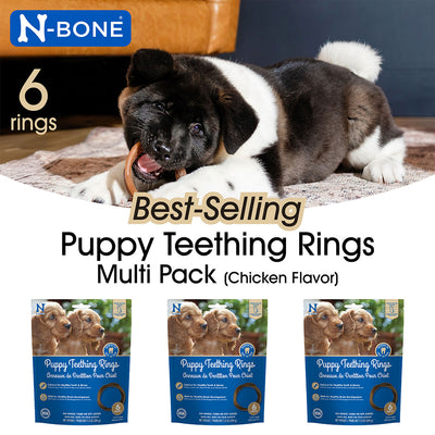 N-Bone puppy teething rings packaging with a puppy chewing on a ring.