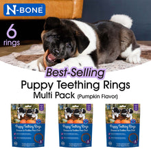 N-Bone puppy teething rings multi pack with a puppy chewing on a ring.