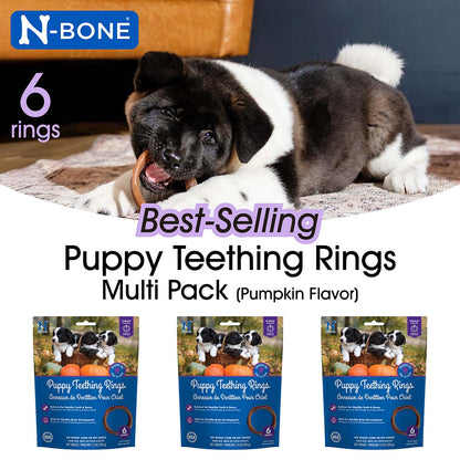 N-Bone puppy teething rings multi pack with a puppy chewing on a ring.