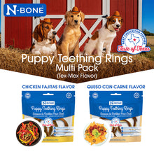 N-Bone Puppy Teething Rings Multi Pack with dogs in front of a barn, featuring Tex-Mex flavor options.